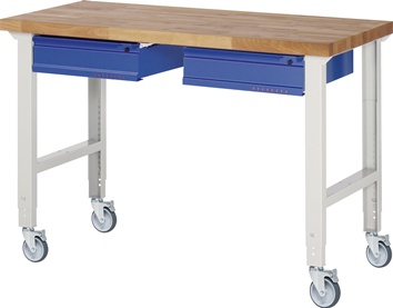 Werkbank B1500xT700xH950-1000mm Buche massiv lichtgrau/blau 2Schubl.TECWERK