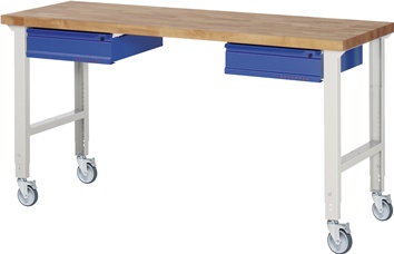 Werkbank B2000xT700xH950-1000mm Buche massiv lichtgrau/blau