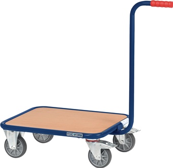 Trolley with handle L600xW500mm wood-based panel platform pigeon blue, RAL 5014