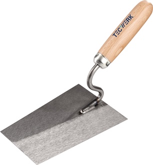 Metselaarstroffel lengte 200 mm breedte 140 mm met beukenhouten heft, S-hals RVS