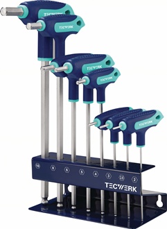 Pin spanner set 8-part AF 2-10 T-handle, ball end, side output in workbench stan