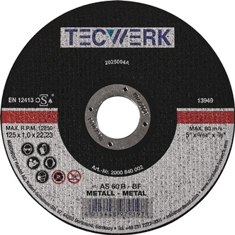Disque à tronçonner D125x1,6 mm droit acier perçage 22,23 mm TECWERK