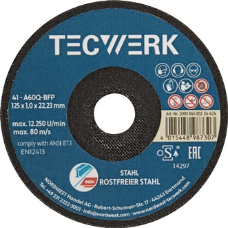 Cutting disc dm125x1 mm straight stainless (steel) bore 22.23 mm TECWERK