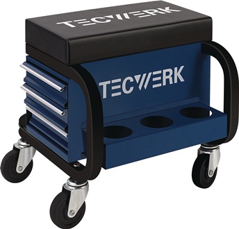 Workshop sliding seat with castors and rack leather cushion blue/black TECWERK