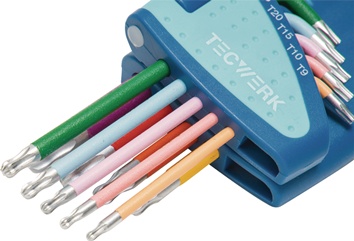 Haakse schroevendraaier-set 9-delig T9-T45 kleurcodering kunststof houder TECWER