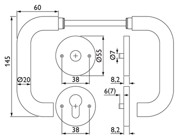 Anti-paniek-deurkrukgarnituur NW-491 RVS 60 voor deursterkte 45-58 mm PZ DIN lin