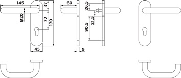 Brandwerend garnituur NW-445-2 RVS 60 D/K voor deursterkte 42-65 mm PZ DIN links
