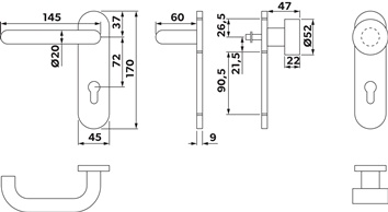 Brandwerend garnituur NW-445-2 RVS 60 D/K voor deursterkte 42-65 mm PZ DIN links