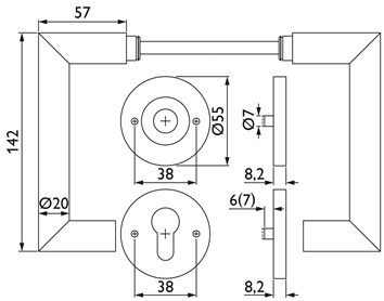 Brandwerend garnituur NW-443-1 RVS 60 voor deursterkte 42-78 mm PZ DIN links / r