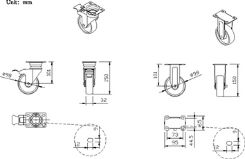 Wielen-set 4-delig 4 wielen, 2x vaste + 2x zwenkbare wielen voor gereedschapswag