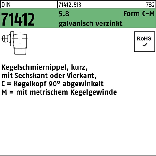 DIN 71412 Kegelschmiernippel Stahl 5.8 verzinkt kurz Sechskant Kegelk, 17,79 DIN 71412 Kegelschmiernippel Stahl 5.8 verzinkt kurz Sechskant Kegelk, 17,79