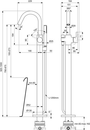 IDS Badewannenarmatur JOY freistehend Ausladung 190mm brushed gold  
