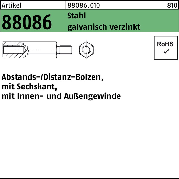 Sechskantabstandsbolzen R 88086 M 6 x 25/ 12 Innen/Außengew. Stahl gal ...