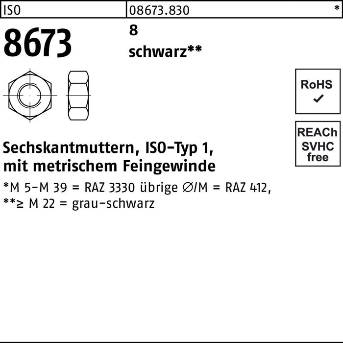 August Richter Sechskantmutter ISO 8673 M 27 x 2 8 schwarz 50 Stück