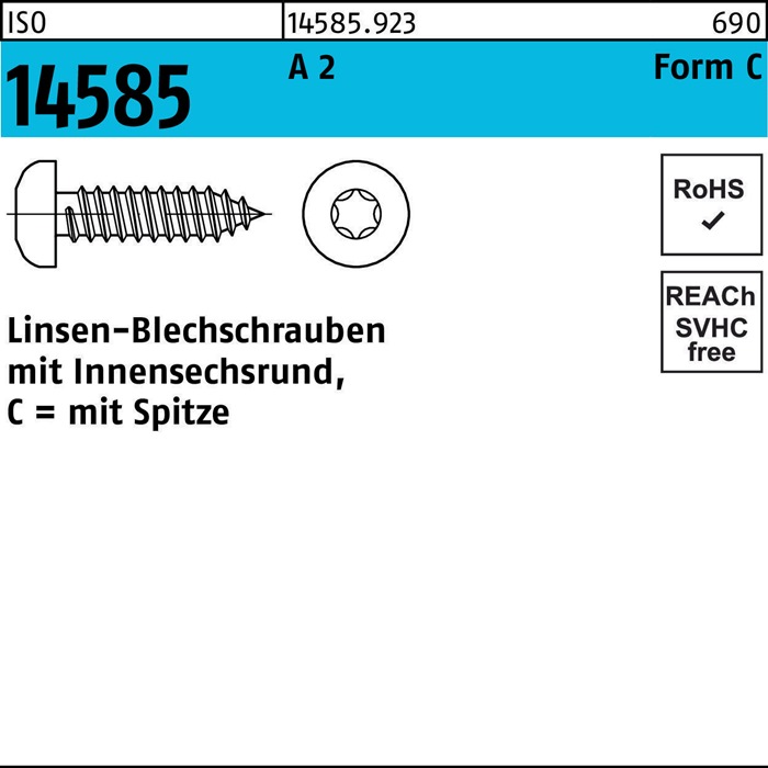 Linsenblechschraube ISO 14585 m.Innensechsrund 4,8 x 16 -C A 2 T25 500 Stück