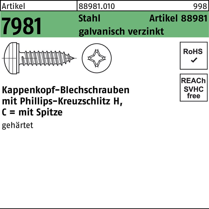 ART 88981 Kappenkopf-Blechschrauben Form C Stahl verzinkt ähnl. 7, € 35,56