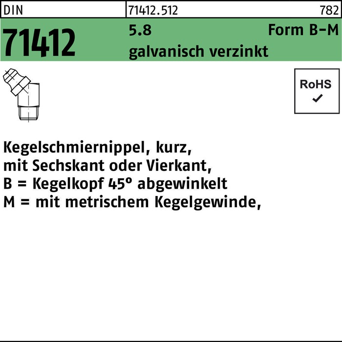 Kegelschmiernippel DIN 71412 Form B-M BM 6 x 1 SW 9 5.8 galvanisch