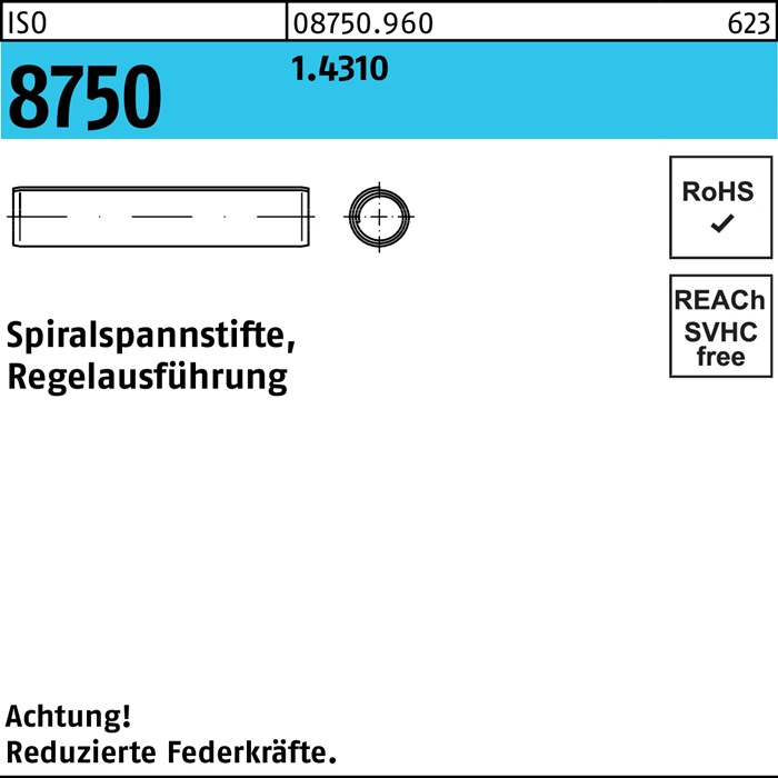 Lot de 1000 spiralspannstifte iSO 8750 1.4310 regelausf/ührung inox 1 x 6