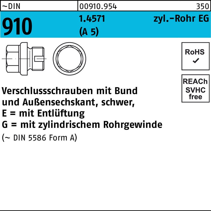 Verschlußschraube DIN 910-2 m.Bund/Außen-6-kant EG 3/4 A A5 / 1.4571 m. Entlüftung 1 Stück auf  kaufen