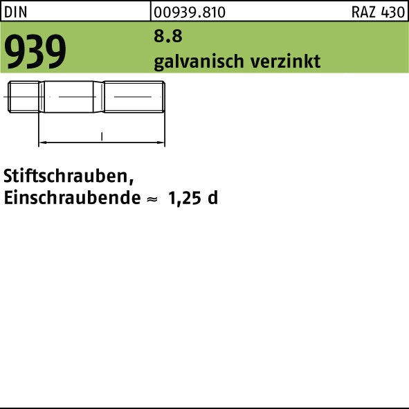10 Stiftschrauben DIN 939 8.8 M 20 x 80 verzinkt Stahl