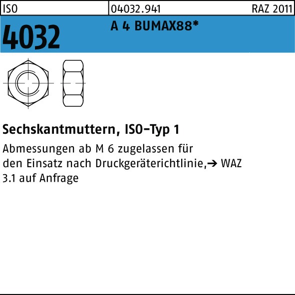 HOCHFESTE Edelstahlmuttern A4 Bumax88® 5 Stück Sechskantmuttern ISO 4032 M6