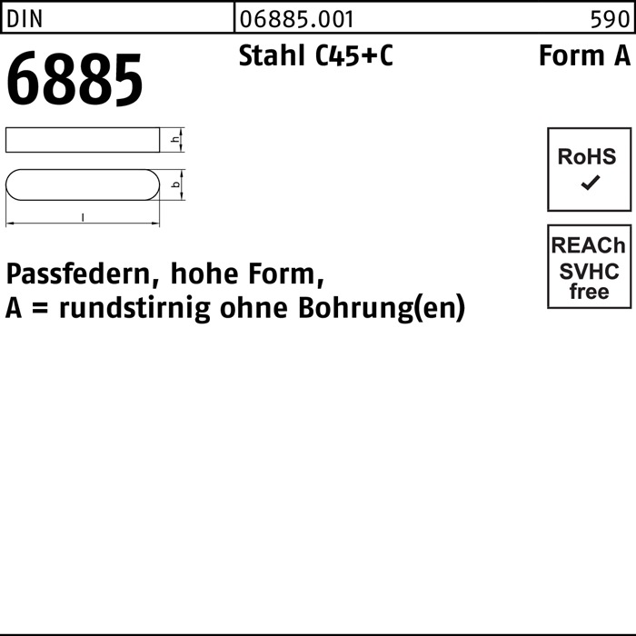 Passfeder DIN 6885 16x10x40 Form A C45k rundstirnig 6885161040 