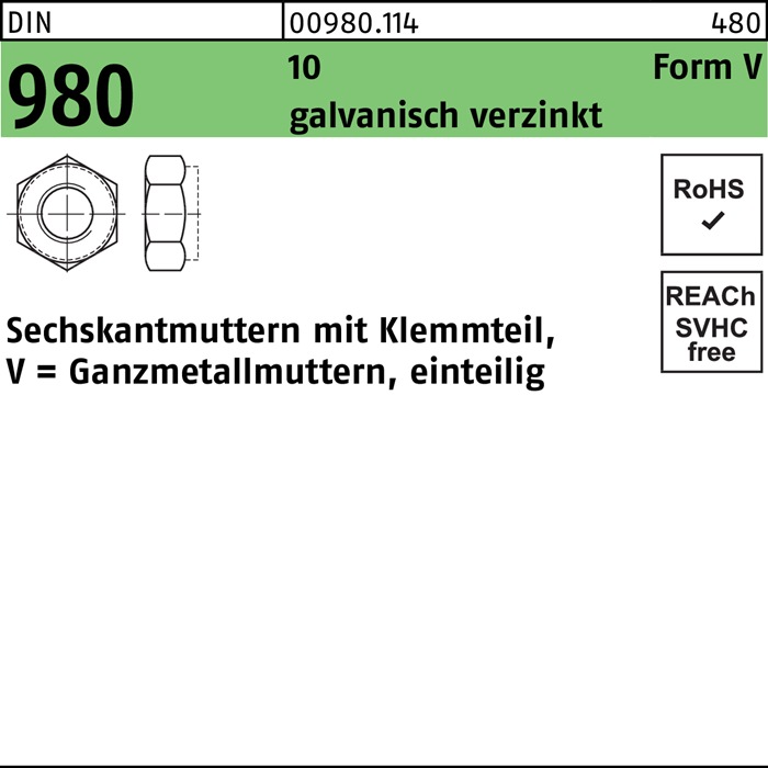 100 x  Sechskantmuttern mit Klemmteil,Ganzmetallmuttern DIN 980 10 V M 10 galv.