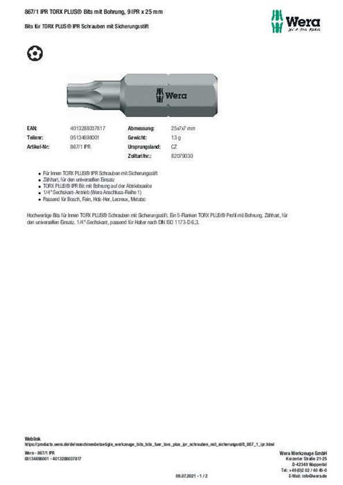 Wera 867/1 IPR TORX PLUS® Bits mit Bohrung 45 IPR x 35 mm 