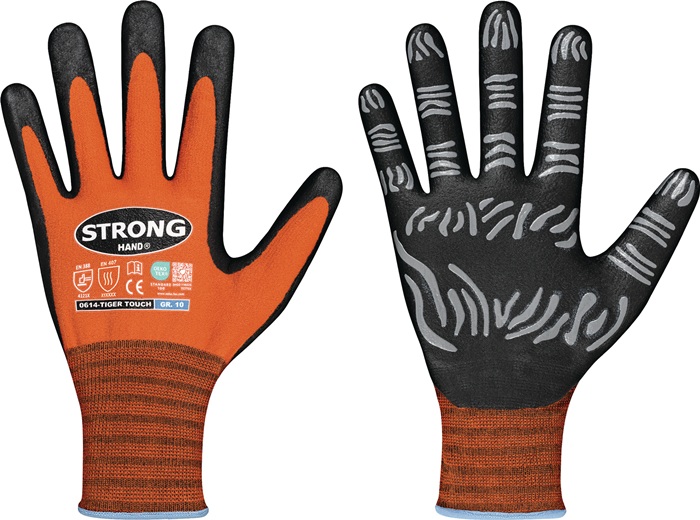 Handschuhe TIGER TOUCH Gre 10 orange/schwarz 92% Polyamid / 8% Elastan,  Nitrilschaum EN 21420,EN 388,EN 407 PSA-Kategorie II STRONGHAND | EGGER