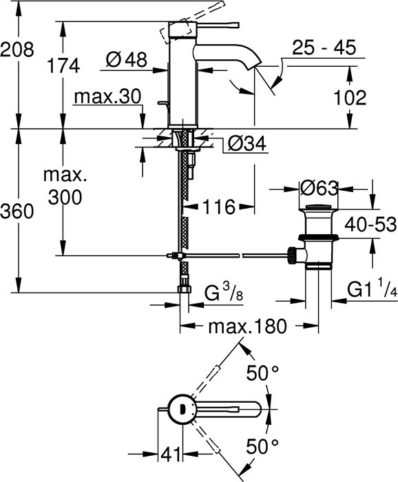 Einhand-Waschtischbatterie ESSENCE DN 15, S-Size, Zugstangen 
